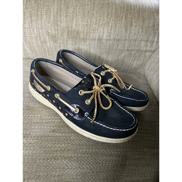 Sperry Shoes - Sperry Top-Sider Boat Shoes Womens Size 8M Black Gold Polka Dot